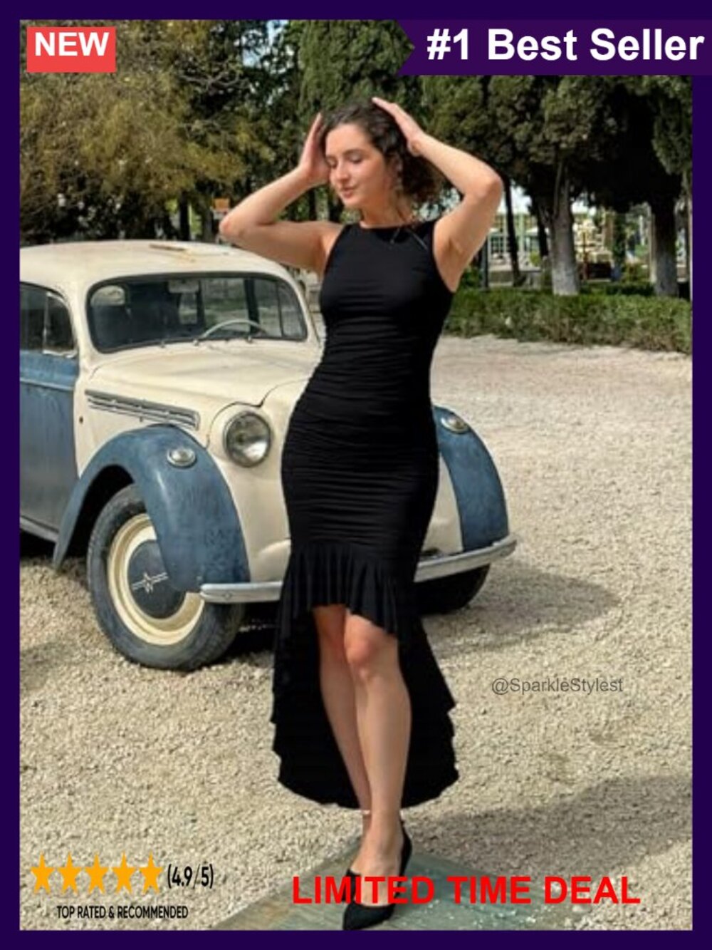 Sleeveless Ruched Bodycon Backless Hi-Low Ruffle Dress - Picture 2 of 6